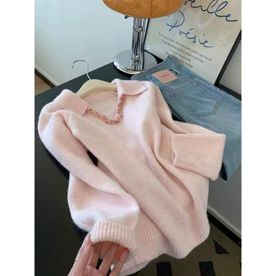 粉色加厚针织衫毛衣女秋冬高级感可外穿内搭小个子宽松慵懒风上衣