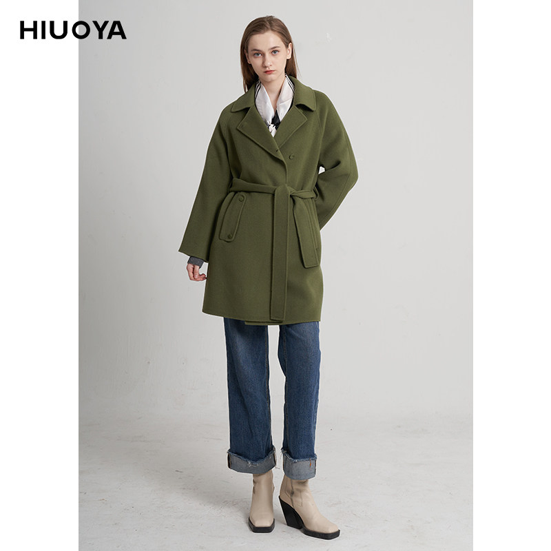 HIUOYA2023冬季新款羊毛外套系带OL毛呢大衣女商场同款23472107