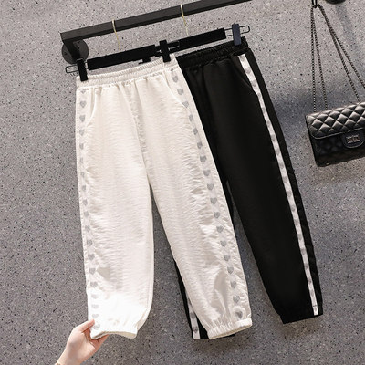 实拍夏新款大码宽松冰麻烫钻薄款八分哈伦裤胖MM松紧腰七分女裤