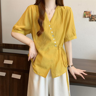 实拍~新款设计感百搭显瘦时尚V领短袖衬衫女不规则收腰上衣