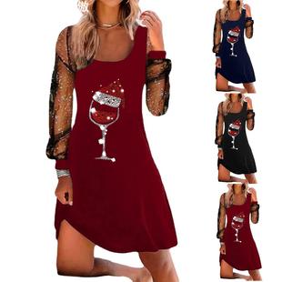 wine glass printed Women sleeved Christmas long dress连衣