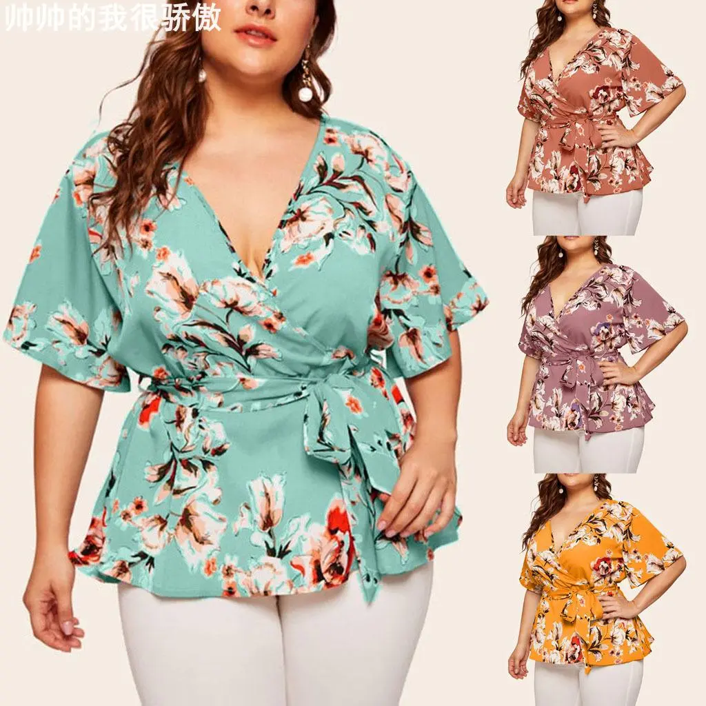 Women's Plus-size V-neck Short Sleeve Chiffon Top大码女上衣