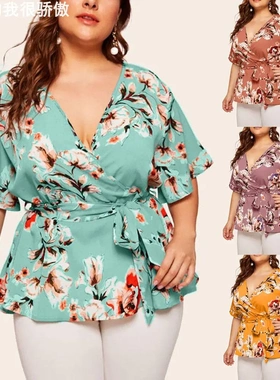 Women's Plus-size V-neck Short Sleeve Chiffon Top大码女上衣