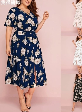 Plus-size Women's Print V-neck Short Sleeve DressV领连衣裙