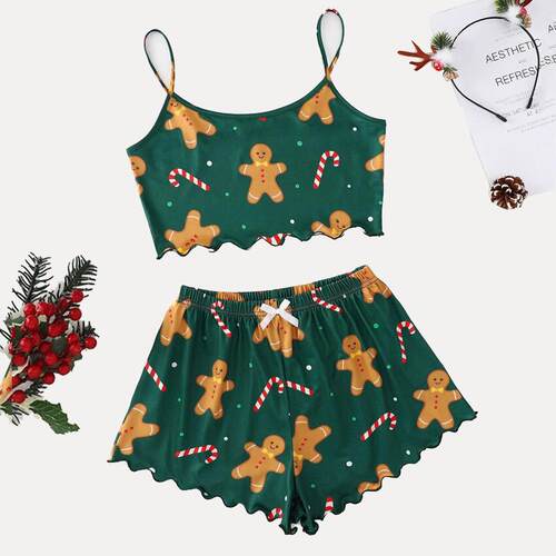 Summer sexy women's Christmas pajamas camisole vest两件套