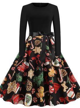 Christmas printed dress圣诞节印花连衣裙欧美复古圆领性感裙子