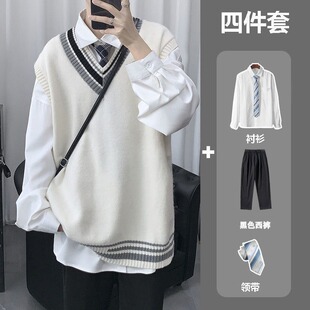 无袖V领毛衣春秋学院风衬衫背心马甲男生潮流学生制服班服一整套