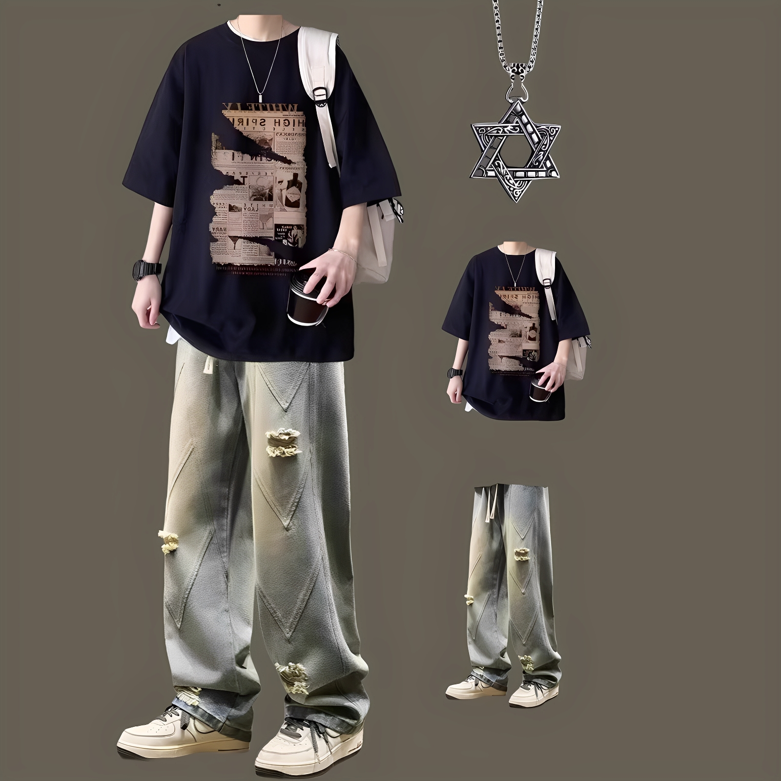 美式hiphop风短袖纯棉复古t恤男夏季痞帅套装宽松体恤一整套穿搭