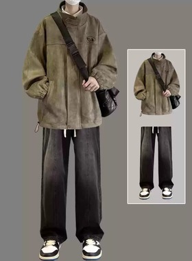 美式痞帅高级感麂皮绒棉服男生秋冬季夹棉冲锋衣套装加厚外套棉衣