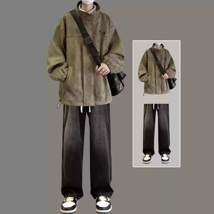 美式痞帅高级感麂皮绒棉服男生秋冬季夹棉冲锋衣套装加厚外套棉衣