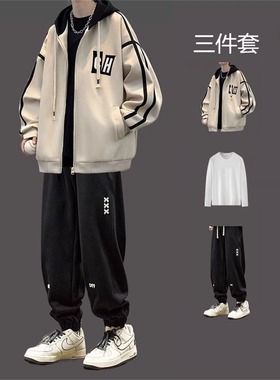 连帽穿搭外套春秋套装男生青少年男装帅气学生潮流冬季加绒棒球服