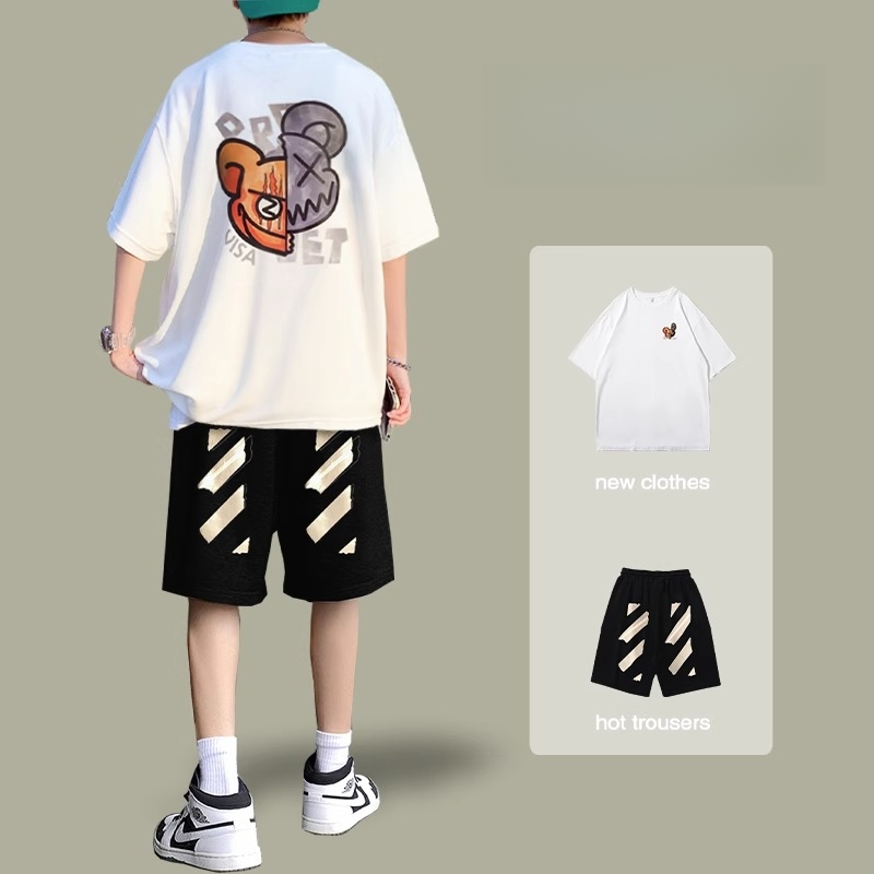 男生短袖夏季纯棉T恤套装两件套