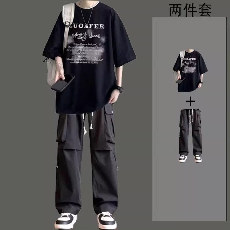 纯棉短袖t恤男生穿搭夏季套装