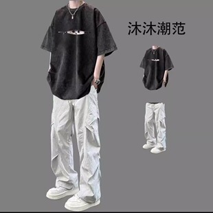 潮牌男装 夏季 宽松美式 褪色做旧T恤男生穿搭套装 一套搭配 纯棉短袖