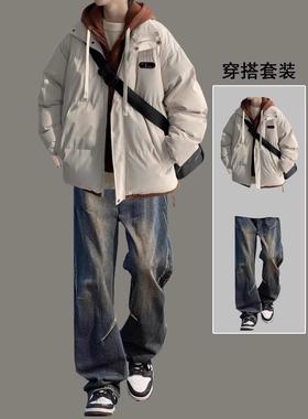 美式复古冬季加厚棉服男款套装假两件棉衣男外套保暖棉袄搭配一套