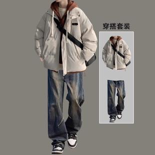 套装 加厚棉服男款 假两件棉衣男外套保暖棉袄搭配一套 复古冬季 美式