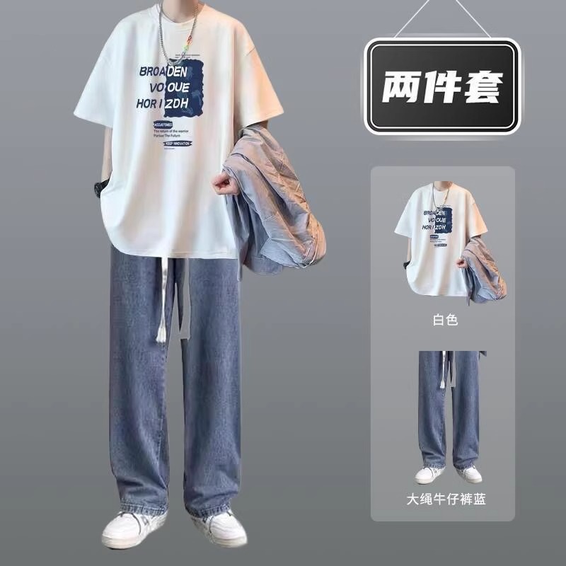 纯棉T恤港风休闲套装男短袖夏季