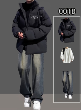 美式立领复古棉服男士冬季保暖加厚面包服痞帅套装高街穿搭三件套