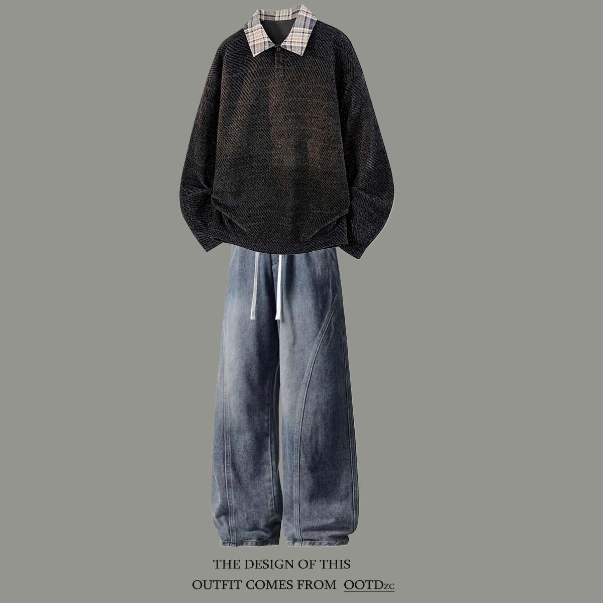 美式复古翻领假两件卫衣套装男士