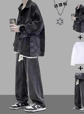 春秋季工装拼接牛仔外套男士套装复古青少年潮牌夹克男装一套搭配