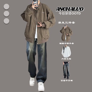 美式复古街头飞行员夹克棒球服男士春秋套装潮牌宽松休闲工装外套