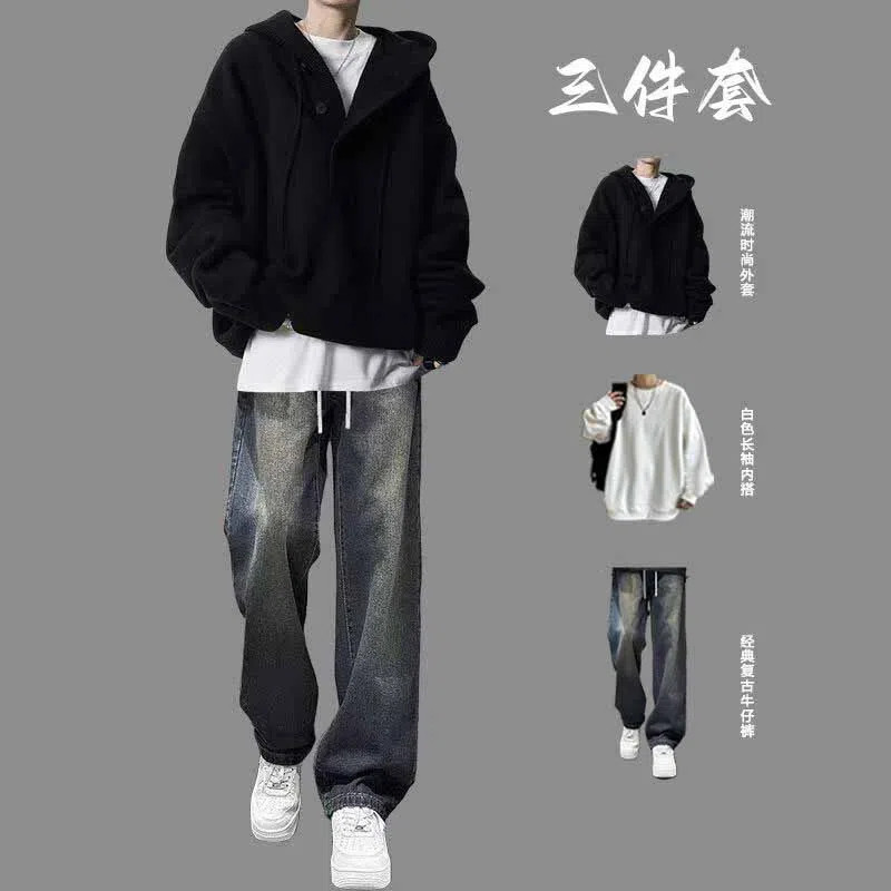 宽松型柔软毛衣秋冬季男士三件套