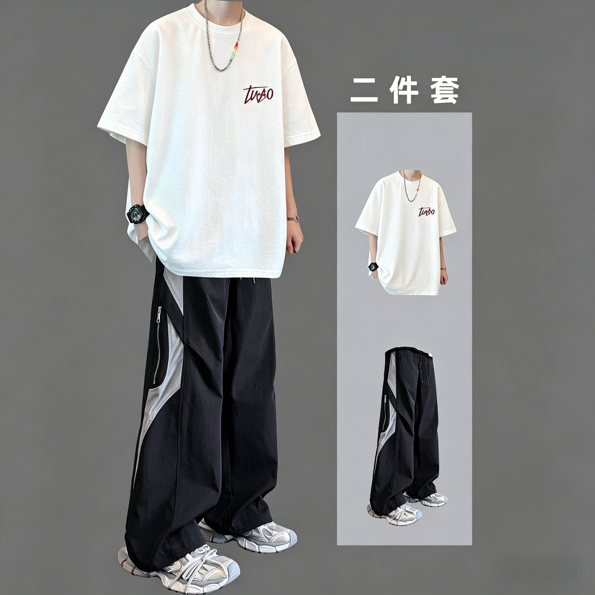 纯棉短袖t恤男生夏季百搭休闲运动服套装青少年男装帅气学生潮流