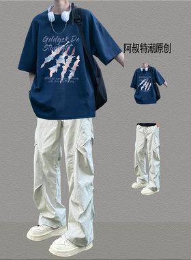 美式高街纯棉短袖t恤男生套装穿搭夏季2025新款潮流男装一套搭配