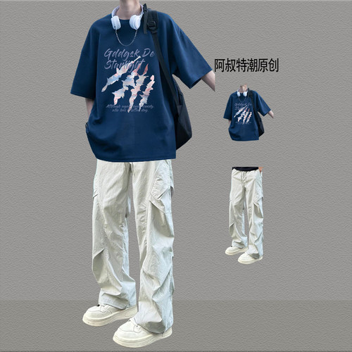 美式高街纯棉短袖t恤男生套装穿搭夏季2026新款潮流男装一套搭配