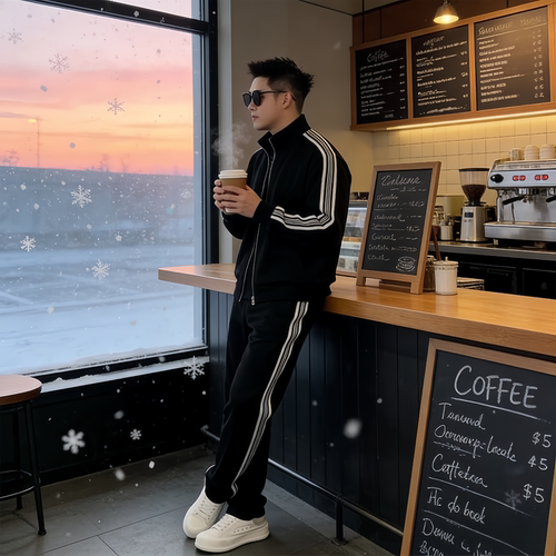 春上新条纹立领宽松运动套装男