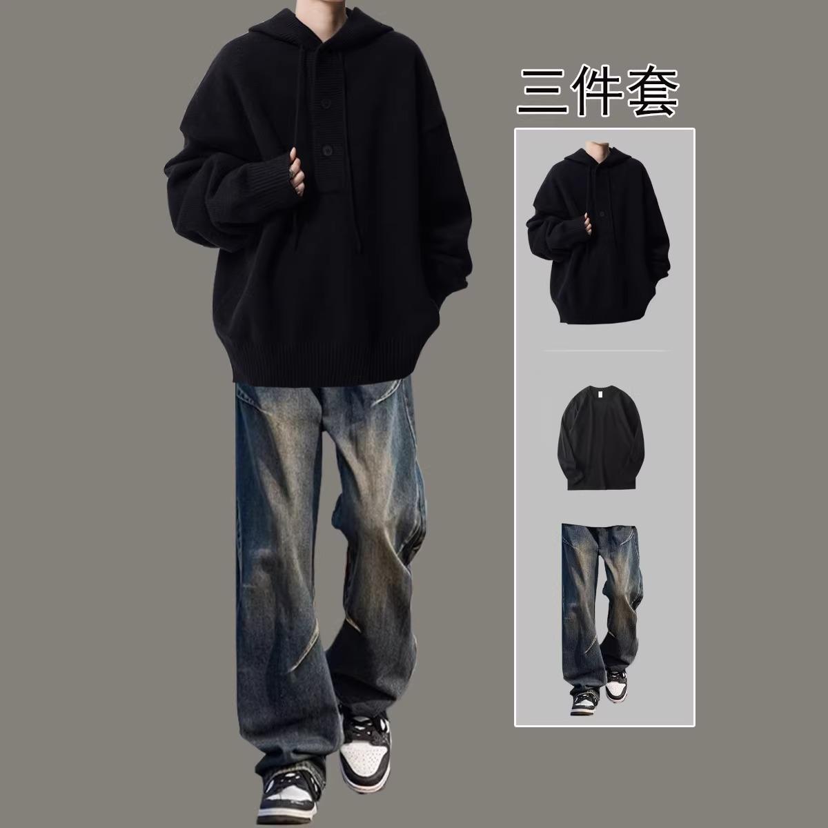 连帽套头半开衫连帽一整套穿搭