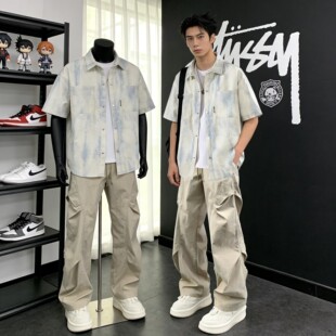 青少年男装 扎染印花短袖 男夏季 休闲套装 一套搭配帅气学生潮流 衬衫