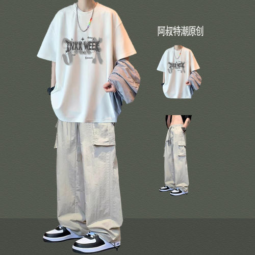 夏季纯棉t恤男生短袖长裤两件套