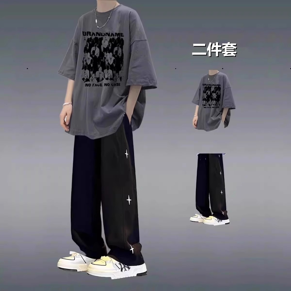 纯棉短袖T恤两件套搭配休闲裤
