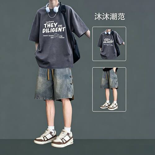 夏季纯棉短袖男两件套牛仔短裤