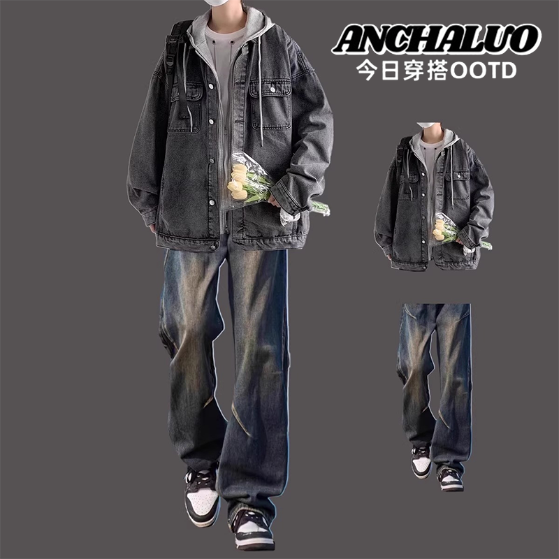 翻领出去宽松假两件牛仔外套