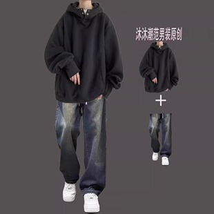 连帽高街卫衣男套装2026新款春秋季加绒美式潮牌男装一套搭配帅气