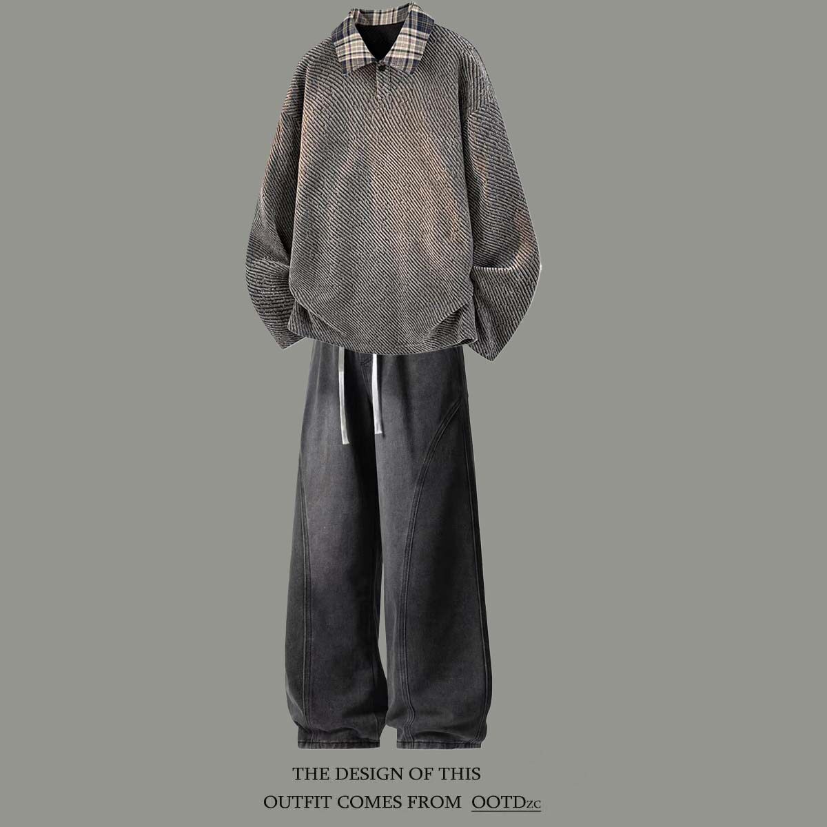 肌理感衬衫领美式复古卫衣两件套