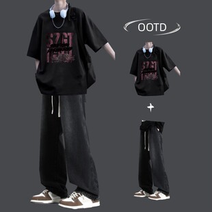 高街t恤短袖 宽松100%纯棉体恤搭配牛仔裤 套装 2026新款 男夏季 美式
