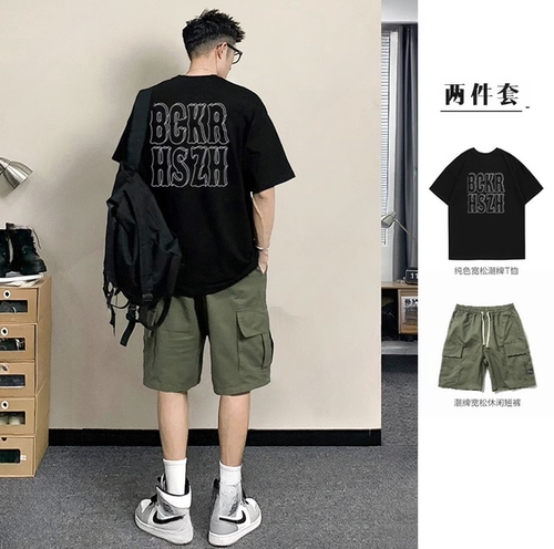帅气纯棉短袖T恤男士夏季套装
