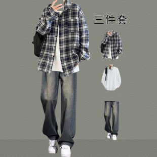 男生套装 长袖 美式 高街休闲衬衣一套搭配牛仔裤 春秋款 男装 格子衬衫