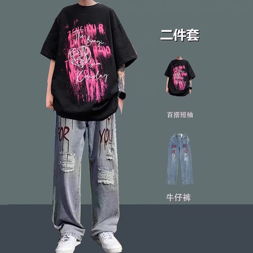 夏季纯棉短袖t恤男生套装两件套