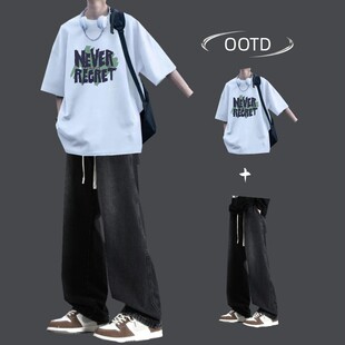 美式短袖t恤套装男生夏季青少年潮宽松100%纯棉体恤男装一套搭配