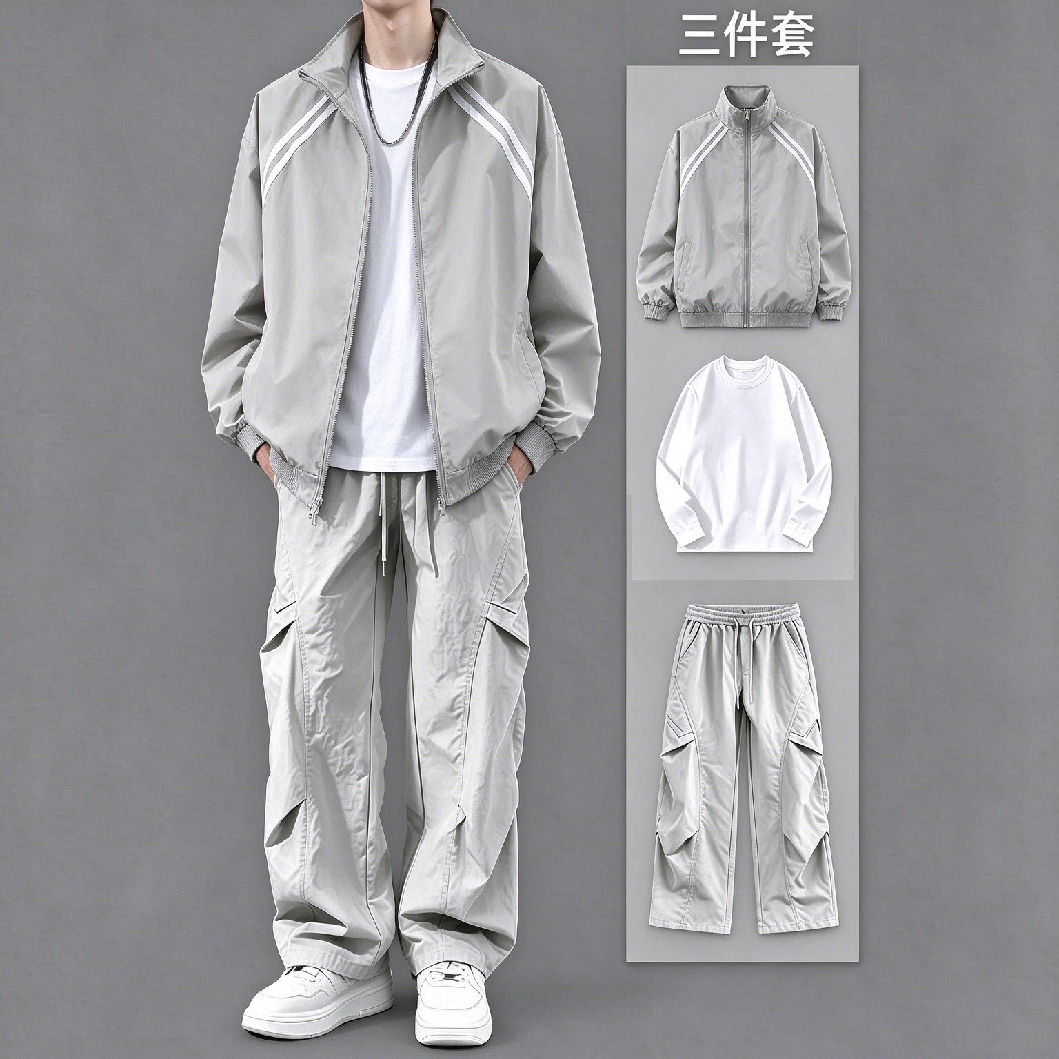 冲锋衣运动服套装外套男士春秋季2026新款宽松休闲三件套潮牌穿搭