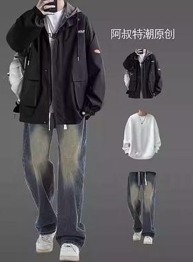 假两件冲锋衣外套男春秋季青少年男装帅气学生潮流套装夹克三件套