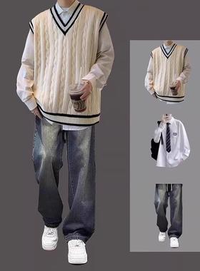 日系潮牌毛衣马甲男女春秋季背心套装学院风宽松学生dk制服三件套