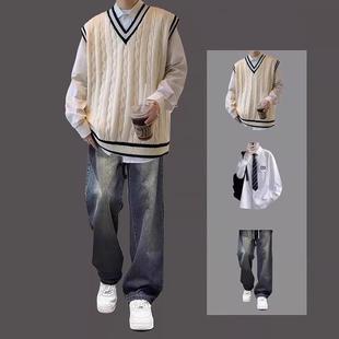 日系潮牌毛衣马甲男女春秋季背心套装学院风宽松学生dk制服三件套