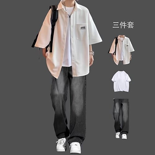 夏季男生短袖衬衫套装搭配牛仔裤