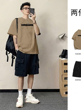 夏季复古日系纯棉t恤男套装宽松短袖短裤帅气男装一套搭配两件套