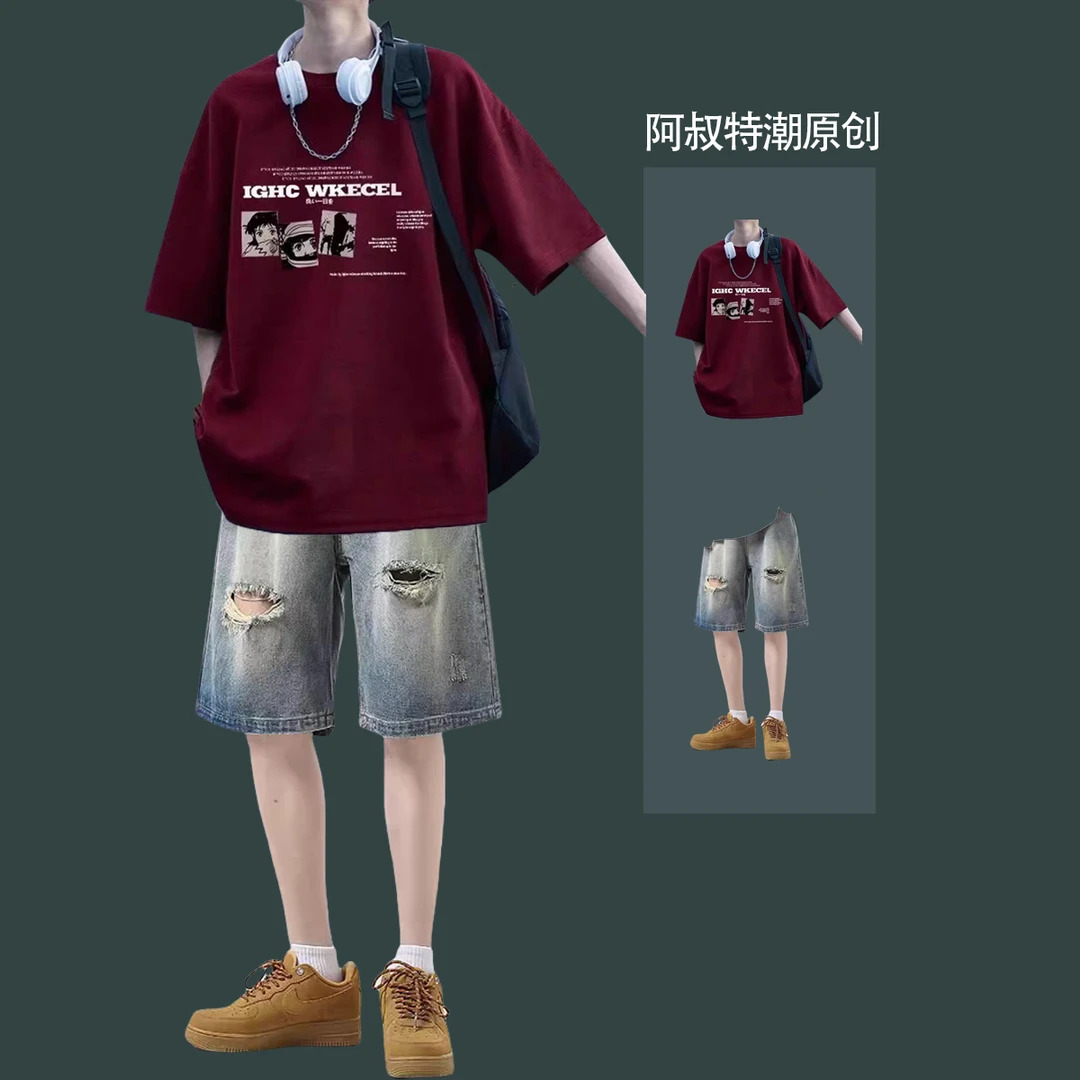 夏季美式ins潮牌短袖短裤套装